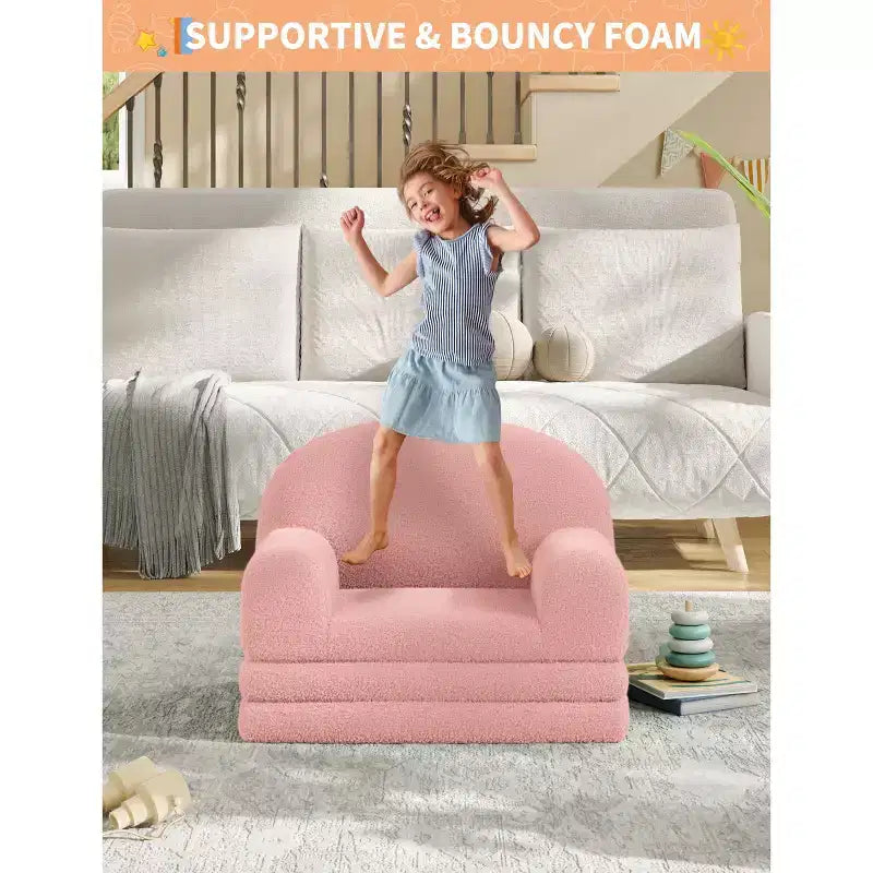 2-in-1 Kinder Schlafsofa & Liege, Halbmond-Design Couchbett, ausklappbares Teddy-Fleece-Kindersofa, maschinenwaschbarer Bezug