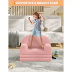 2-in-1 Kinder Schlafsofa & Liege, Halbmond-Design Couchbett, ausklappbares Teddy-Fleece-Kindersofa, maschinenwaschbarer Bezug