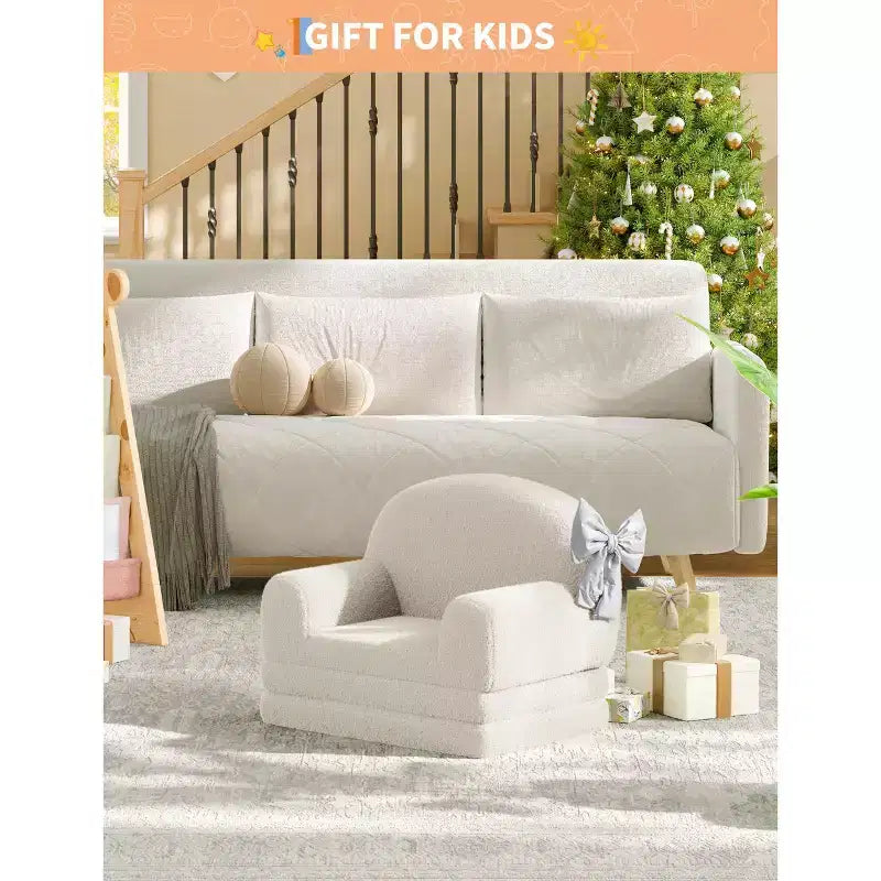 2-in-1 Kinder Schlafsofa & Liege, Halbmond-Design Couchbett, ausklappbares Teddy-Fleece-Kindersofa, maschinenwaschbarer Bezug