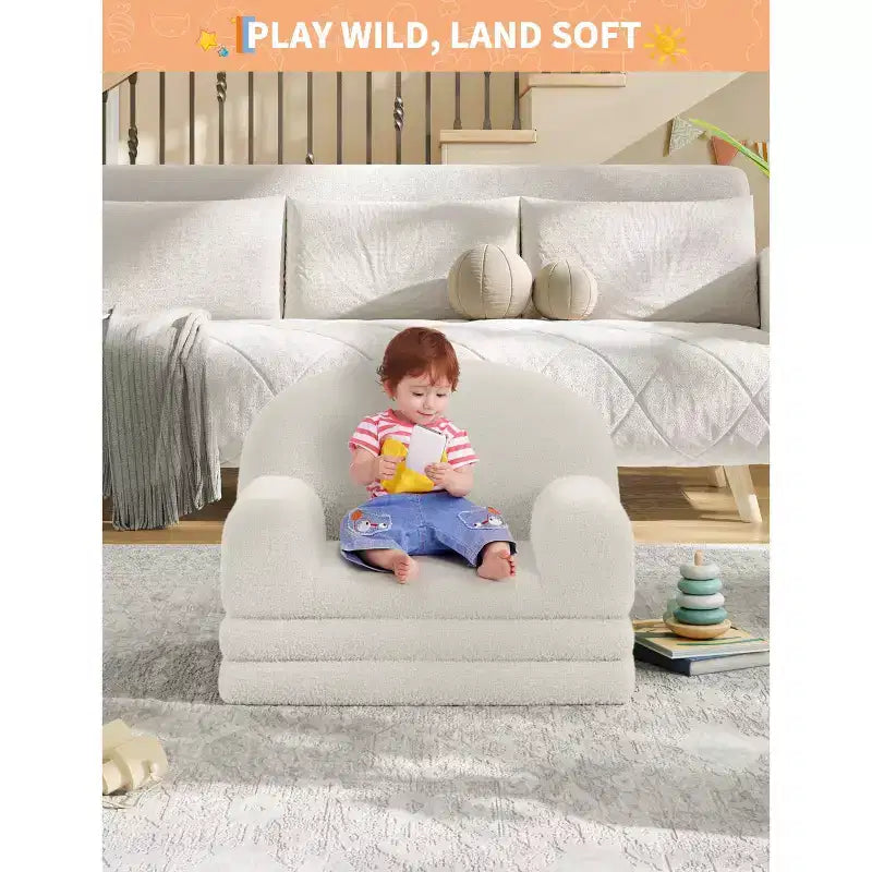 2-in-1 Kinder Schlafsofa & Liege, Halbmond-Design Couchbett, ausklappbares Teddy-Fleece-Kindersofa, maschinenwaschbarer Bezug