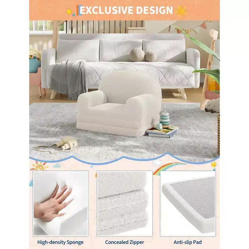 2-in-1 Kinder Schlafsofa & Liege, Halbmond-Design Couchbett, ausklappbares Teddy-Fleece-Kindersofa, maschinenwaschbarer Bezug