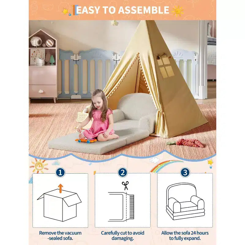 2-in-1 Kinder Schlafsofa & Liege, Halbmond-Design Couchbett, ausklappbares Teddy-Fleece-Kindersofa, maschinenwaschbarer Bezug