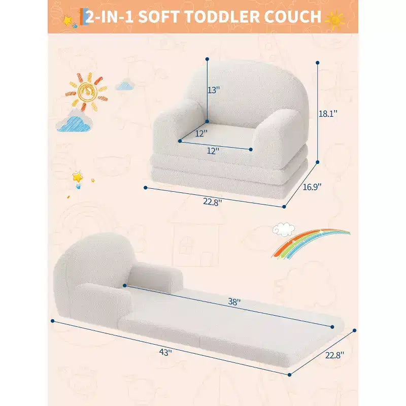 2-in-1 Kinder Schlafsofa & Liege, Halbmond-Design Couchbett, ausklappbares Teddy-Fleece-Kindersofa, maschinenwaschbarer Bezug