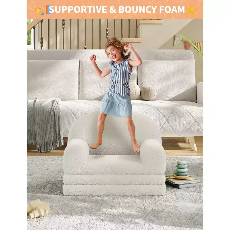 2-in-1 Kinder Schlafsofa & Liege, Halbmond-Design Couchbett, ausklappbares Teddy-Fleece-Kindersofa, maschinenwaschbarer Bezug