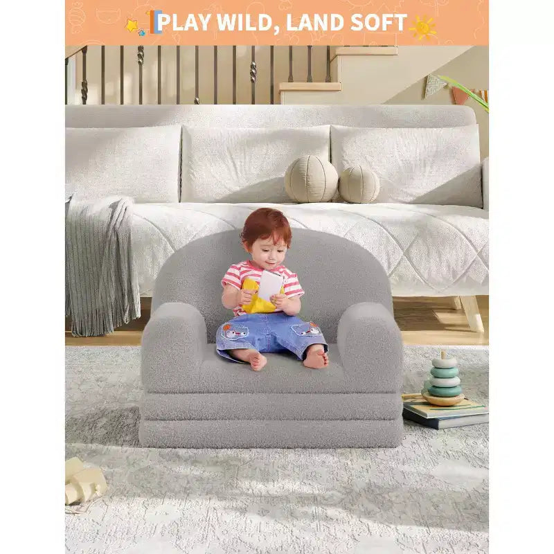 2-in-1 Kinder Schlafsofa & Liege, Halbmond-Design Couchbett, ausklappbares Teddy-Fleece-Kindersofa, maschinenwaschbarer Bezug