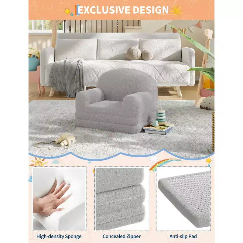 2-in-1 Kinder Schlafsofa & Liege, Halbmond-Design Couchbett, ausklappbares Teddy-Fleece-Kindersofa, maschinenwaschbarer Bezug