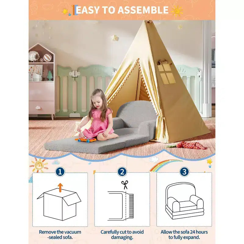 2-in-1 Kinder Schlafsofa & Liege, Halbmond-Design Couchbett, ausklappbares Teddy-Fleece-Kindersofa, maschinenwaschbarer Bezug
