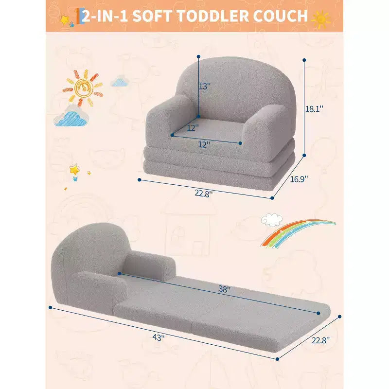 2-in-1 Kinder Schlafsofa & Liege, Halbmond-Design Couchbett, ausklappbares Teddy-Fleece-Kindersofa, maschinenwaschbarer Bezug