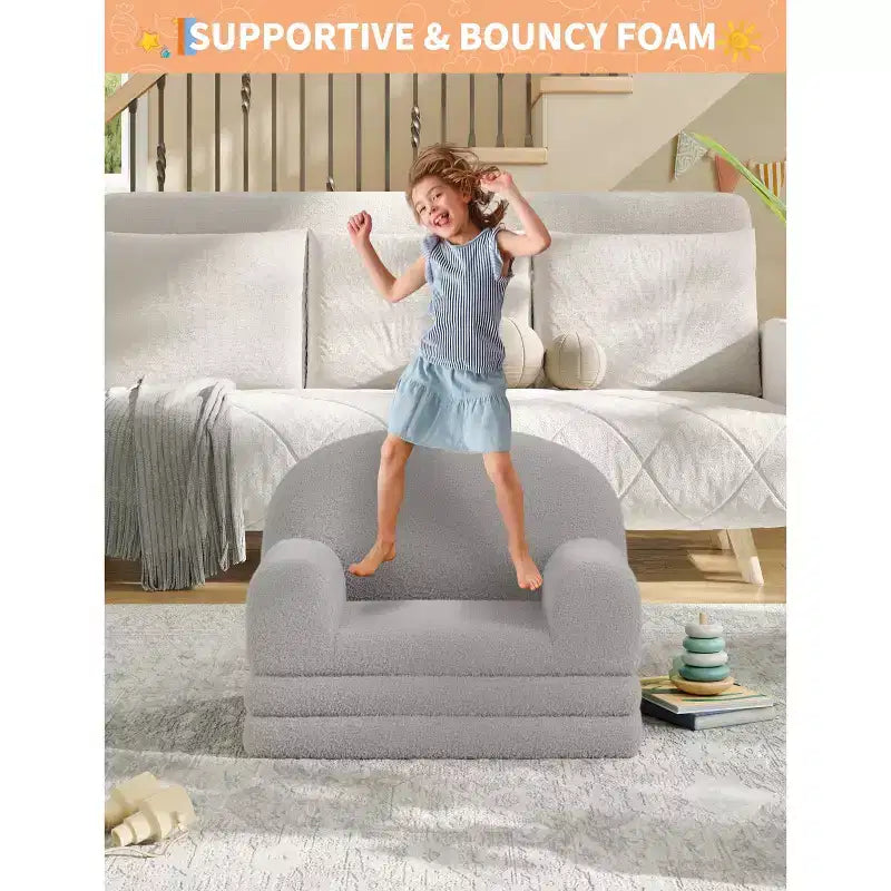 2-in-1 Kinder Schlafsofa & Liege, Halbmond-Design Couchbett, ausklappbares Teddy-Fleece-Kindersofa, maschinenwaschbarer Bezug