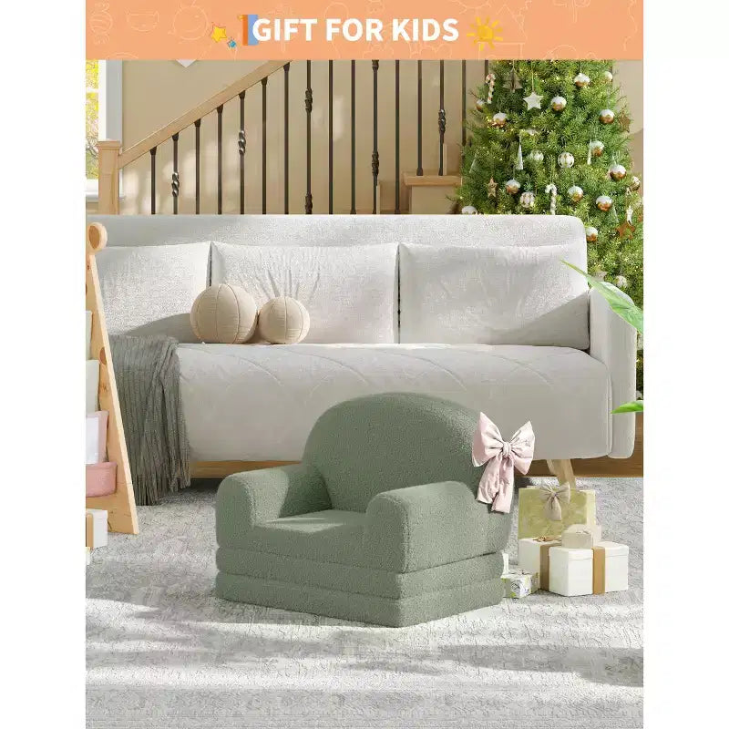 2-in-1 Kinder Schlafsofa & Liege, Halbmond-Design Couchbett, ausklappbares Teddy-Fleece-Kindersofa, maschinenwaschbarer Bezug