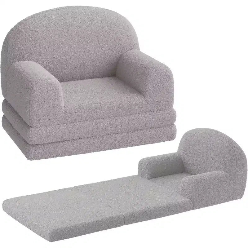 2-in-1 Kids Convertible Sofa & Lounger, Half-Moon Design Couch Bed, Fold Out Teddy Fleece Fabric Children's Sofa Bed, Machine Washable Cover