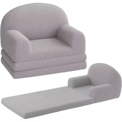 2-in-1 Kids Convertible Sofa & Lounger, Half-Moon Design Couch Bed, Fold Out Teddy Fleece Fabric Children's Sofa Bed, Machine Washable Cover