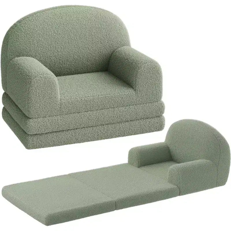 2-in-1 Kinder Schlafsofa & Liege, Halbmond-Design Couchbett, ausklappbares Teddy-Fleece-Kindersofa, maschinenwaschbarer Bezug