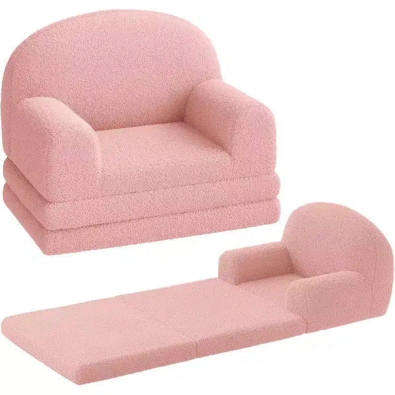 2-in-1 Kinder Schlafsofa & Liege, Halbmond-Design Couchbett, ausklappbares Teddy-Fleece-Kindersofa, maschinenwaschbarer Bezug