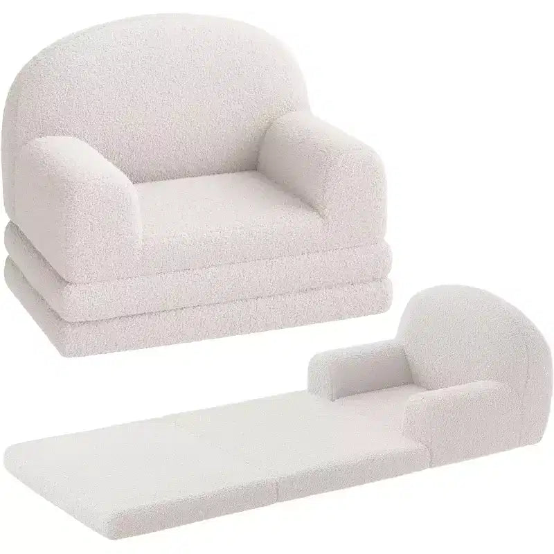 2-in-1 Kinder Schlafsofa & Liege, Halbmond-Design Couchbett, ausklappbares Teddy-Fleece-Kindersofa, maschinenwaschbarer Bezug