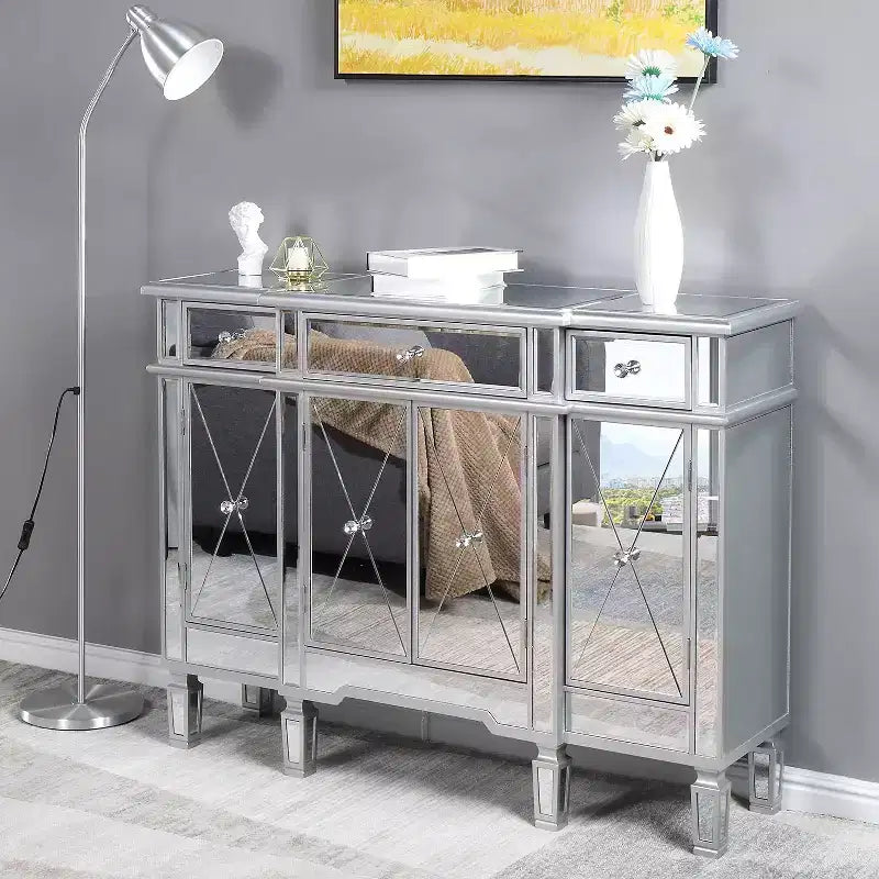 VINGLI Mirrored Console Table, Modern Buffet Cabinet/Sideboard/TV Stand with 3 Drawers and 4 Doors (Silver, 48 L x 14 W x 36 H)