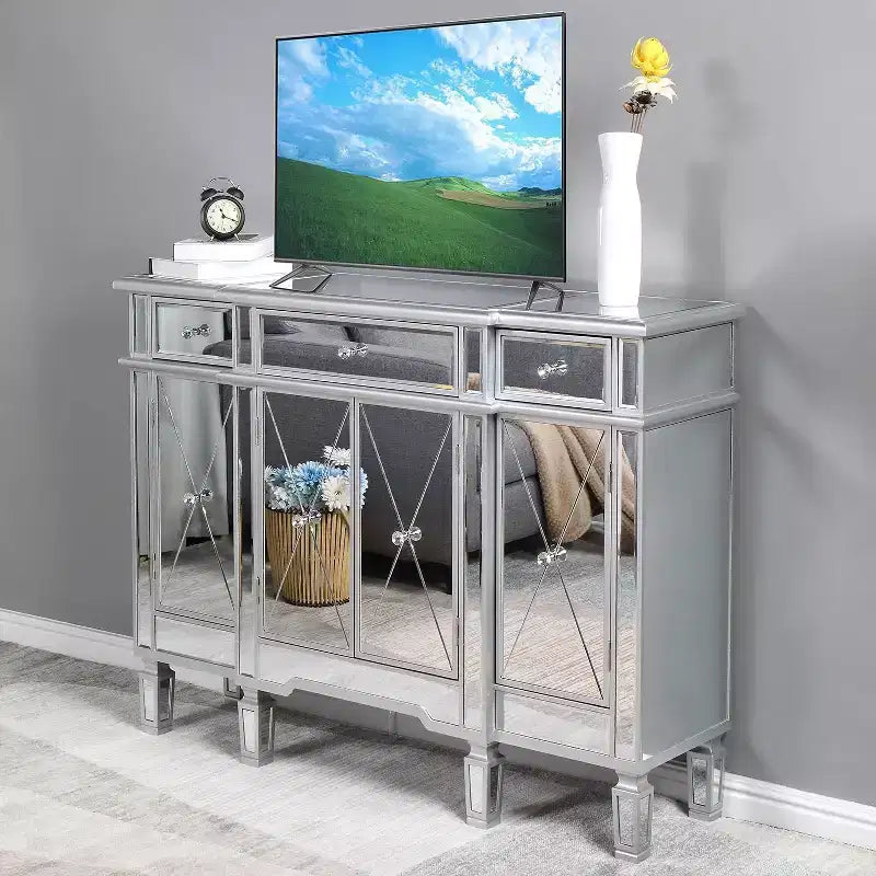VINGLI Verspiegelter Konsolentisch, Modernes Buffet/Sideboard/TV-Schrank mit 3 Schubladen und 4 Türen (Silber, 122 B x 35,5 T x 91,5 H cm)