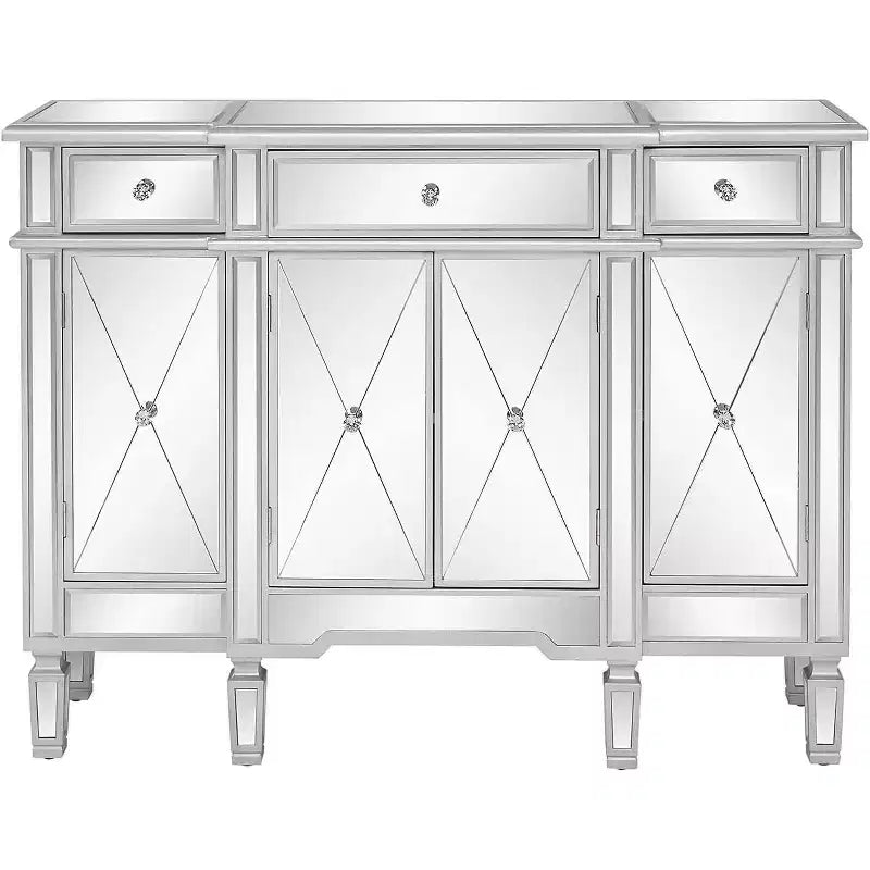 VINGLI Verspiegelter Konsolentisch, Modernes Buffet/Sideboard/TV-Schrank mit 3 Schubladen und 4 Türen (Silber, 122 B x 35,5 T x 91,5 H cm)