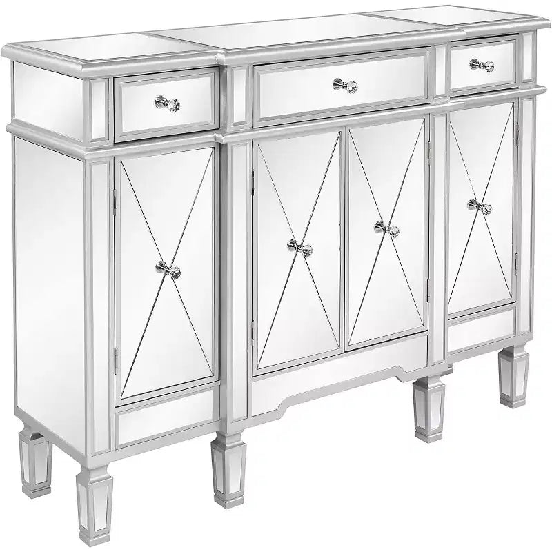 VINGLI Verspiegelter Konsolentisch, Modernes Buffet/Sideboard/TV-Schrank mit 3 Schubladen und 4 Türen (Silber, 122 B x 35,5 T x 91,5 H cm)