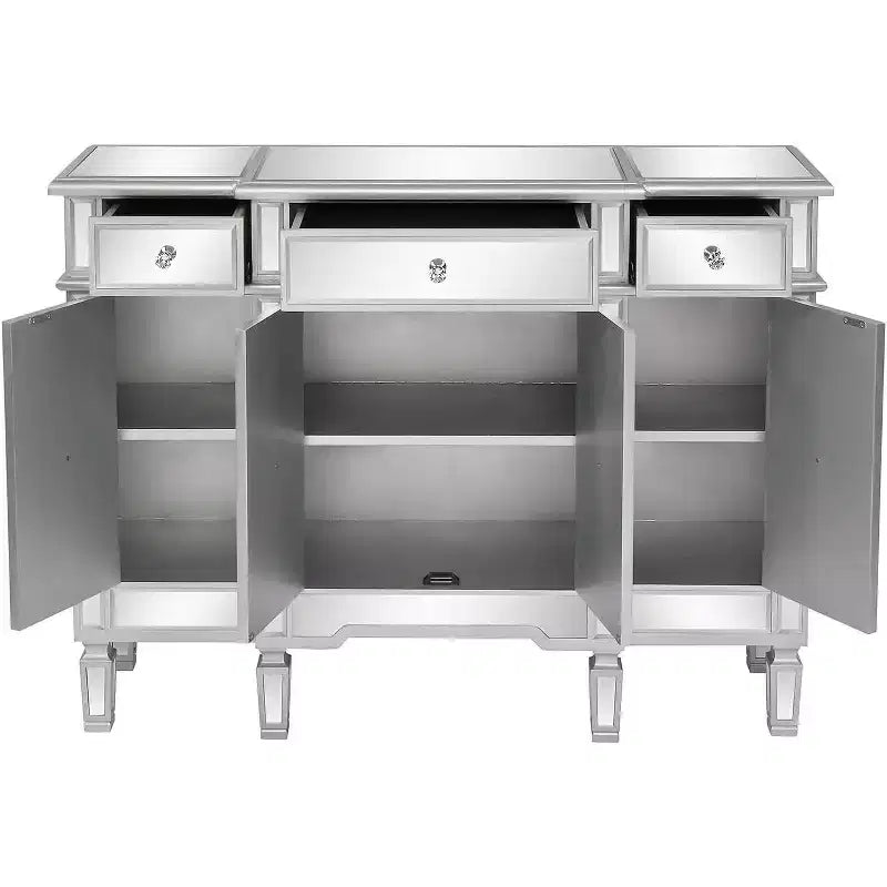 VINGLI Verspiegelter Konsolentisch, Modernes Buffet/Sideboard/TV-Schrank mit 3 Schubladen und 4 Türen (Silber, 122 B x 35,5 T x 91,5 H cm)