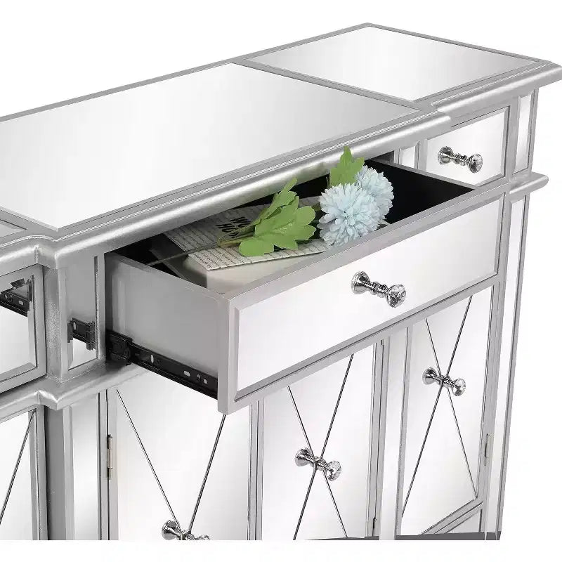 VINGLI Verspiegelter Konsolentisch, Modernes Buffet/Sideboard/TV-Schrank mit 3 Schubladen und 4 Türen (Silber, 122 B x 35,5 T x 91,5 H cm)