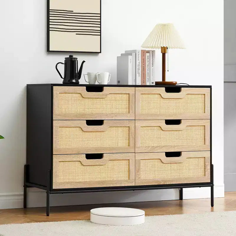 Large Wide 6 Drawer Dresser, Sturdy Metal Legs Farmhouse Chest of Drawer for Closet, Living Room, Bedroom,