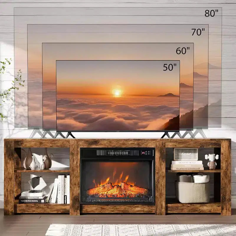 VINGLI Kamin TV-Ständer für Fernseher bis 80 Zoll, Bauernhaus-Unterhaltungszentrum mit elektrischem Kaminheizer und verstellbaren Regalböden