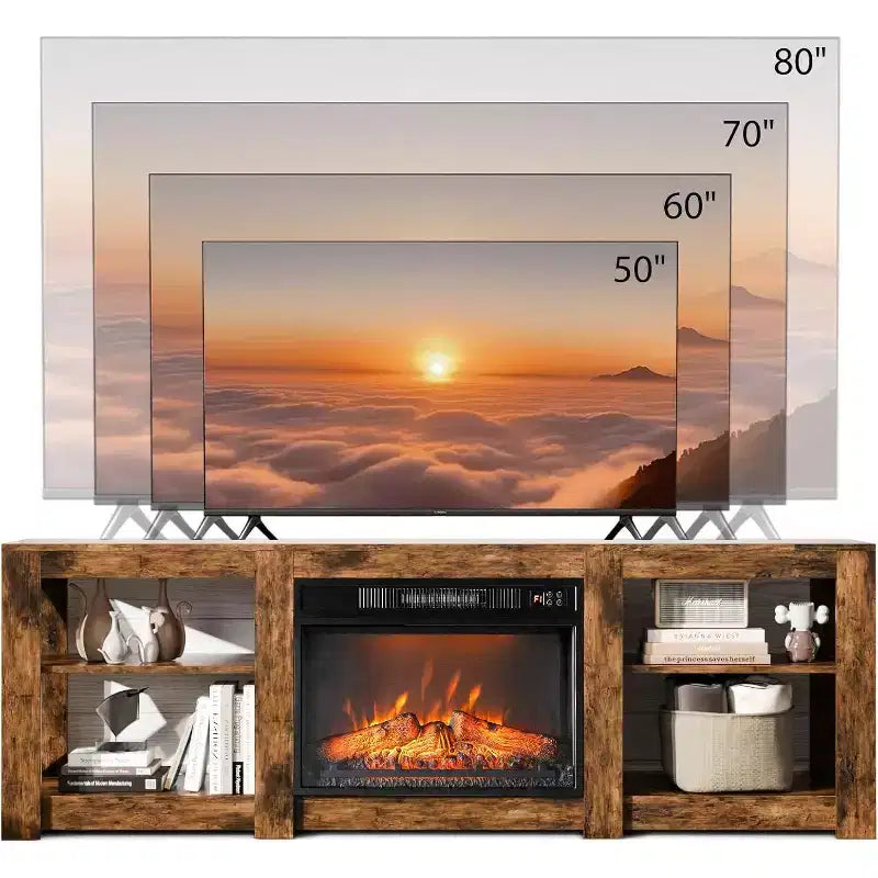 VINGLI Kamin TV-Ständer für Fernseher bis 80 Zoll, Bauernhaus-Unterhaltungszentrum mit elektrischem Kaminheizer und verstellbaren Regalböden