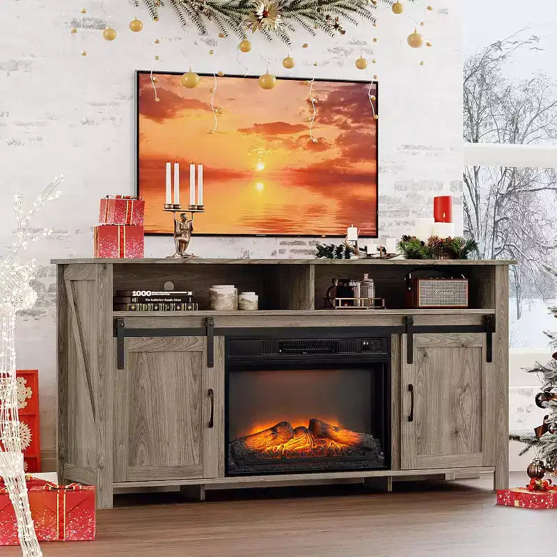 VINGLI Kamin-TV-Ständer mit Schiebetür für 70-Zoll-Fernseher, Bauernhaus-Unterhaltungscenter mit 23-Zoll-Kamin, Kamin-Medienkonsole