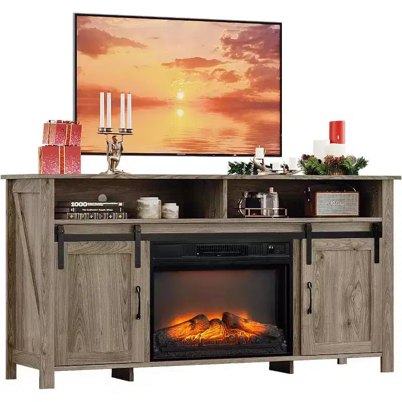 VINGLI Kamin-TV-Ständer mit Schiebetür für 70-Zoll-Fernseher, Bauernhaus-Unterhaltungscenter mit 23-Zoll-Kamin, Kamin-Medienkonsole