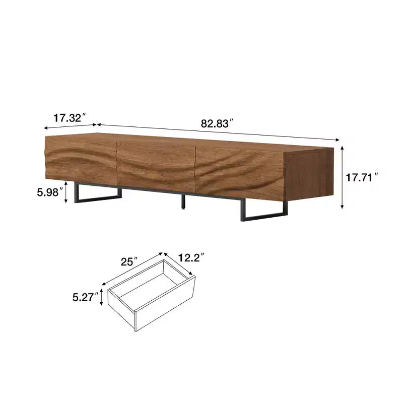 Luck Live 82.83 Mid-Century Modern Massivholz TV-Schrank mit Relief – 3 Schubladen, Metallbeine & Belüftungslöcher