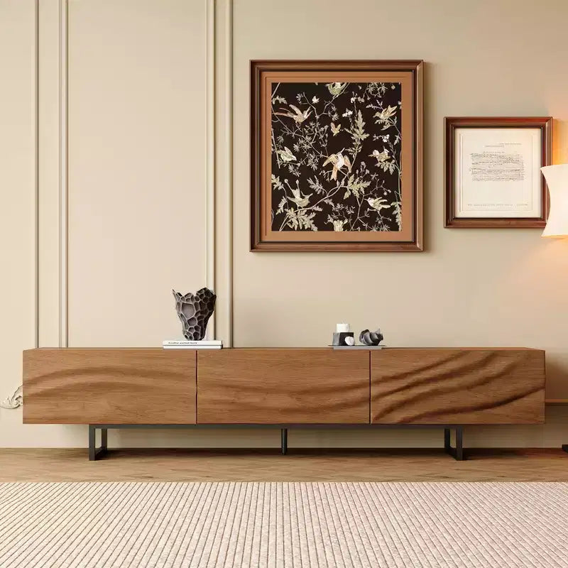 Luck Live 82.83 Mid-Century Modern Solid Wood Relief TV Stand - 3 Drawers, Metal Legs & Ventilation Holes