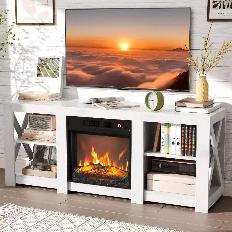 VINGLI Fireplace TV Stand for up to 70 inch TVs, Farmhouse Entertainment Center with Electric Fireplace Heater & Adjustable Shelves
