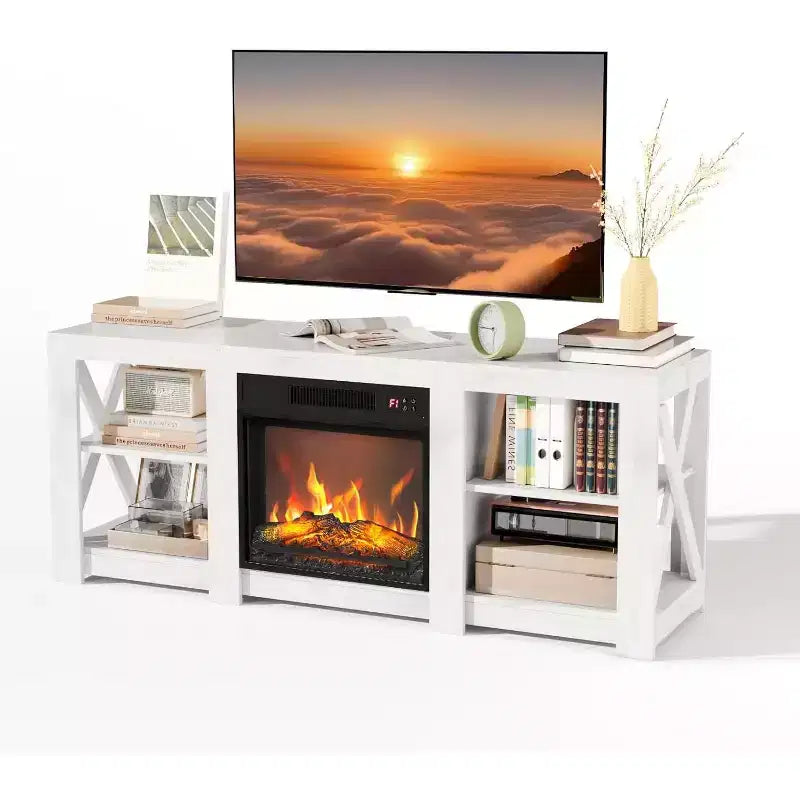 VINGLI Kamin-TV-Ständer für Fernseher bis 70 Zoll, Bauernhaus-Unterhaltungscenter mit elektrischem Kaminheizer und verstellbaren Regalen