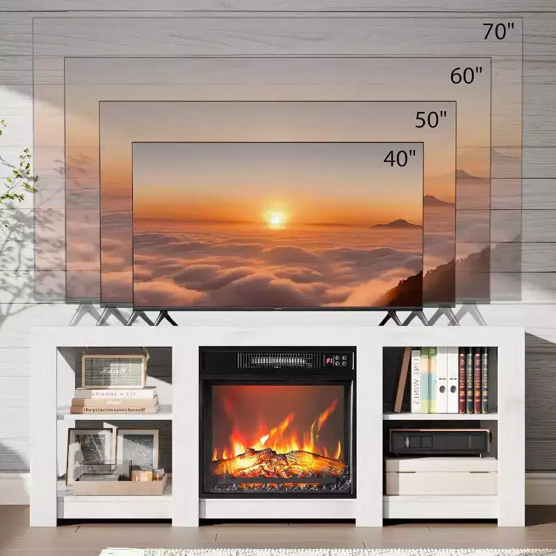 VINGLI Kamin-TV-Ständer für Fernseher bis 70 Zoll, Bauernhaus-Unterhaltungscenter mit elektrischem Kaminheizer und verstellbaren Regalen