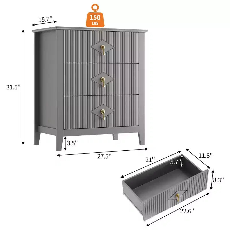 GustoWave Kommode für Schlafzimmer mit 3 Schubladen, 71 cm breite, moderne Schubladenkommode mit Metallgriffen, Schubladenorganizer aus Holz für Schlafzimmer, Wohnzimmer