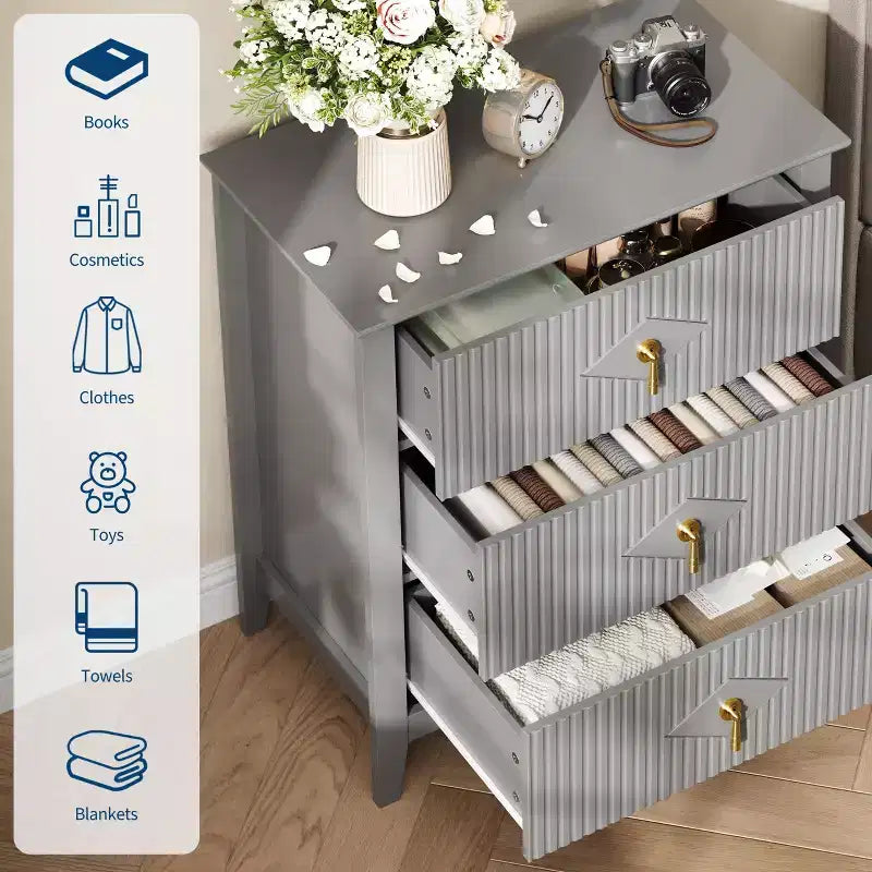 GustoWave Kommode für Schlafzimmer mit 3 Schubladen, 71 cm breite, moderne Schubladenkommode mit Metallgriffen, Schubladenorganizer aus Holz für Schlafzimmer, Wohnzimmer