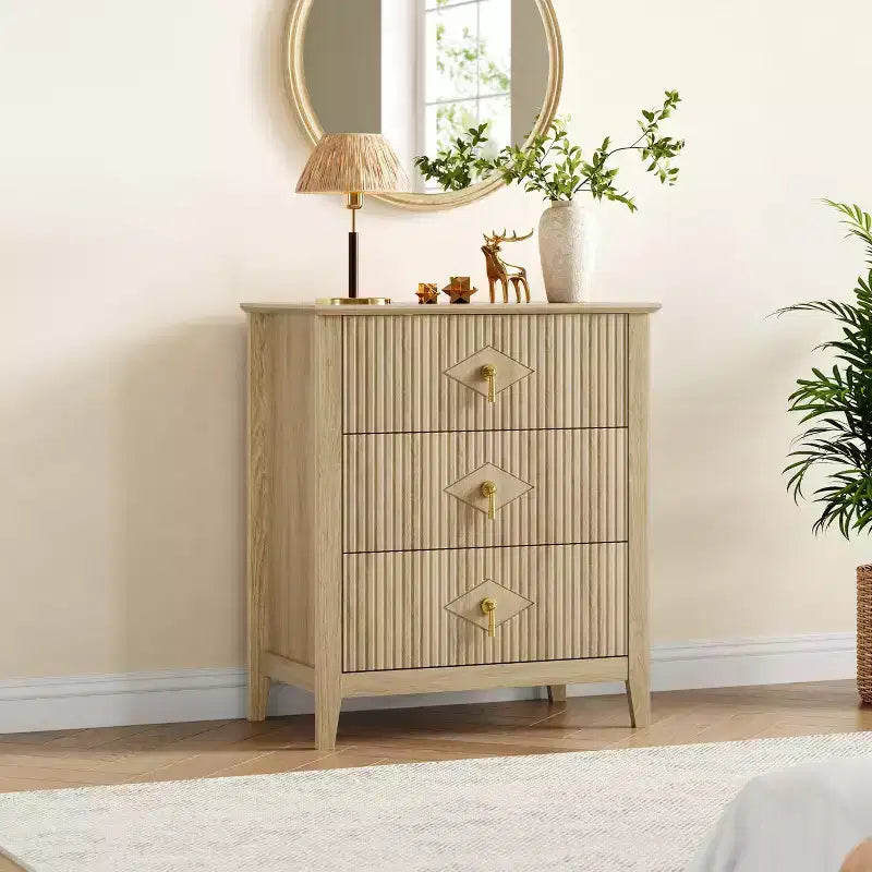 GustoWave Kommode für Schlafzimmer mit 3 Schubladen, 71 cm breite, moderne Schubladenkommode mit Metallgriffen, Schubladenorganizer aus Holz für Schlafzimmer, Wohnzimmer