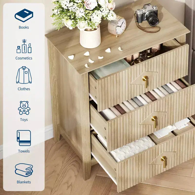 GustoWave Kommode für Schlafzimmer mit 3 Schubladen, 71 cm breite, moderne Schubladenkommode mit Metallgriffen, Schubladenorganizer aus Holz für Schlafzimmer, Wohnzimmer