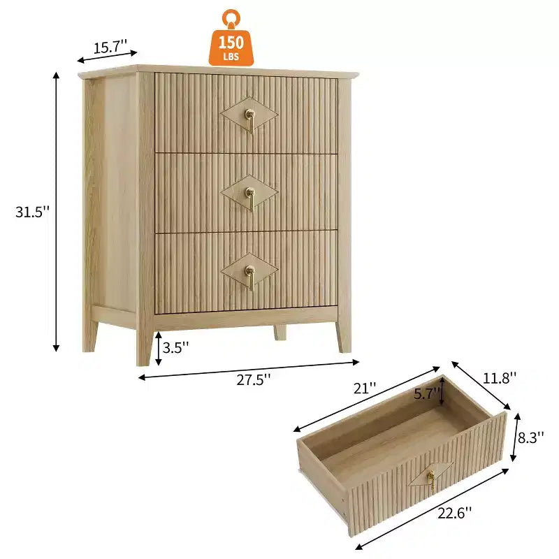 GustoWave Kommode für Schlafzimmer mit 3 Schubladen, 71 cm breite, moderne Schubladenkommode mit Metallgriffen, Schubladenorganizer aus Holz für Schlafzimmer, Wohnzimmer