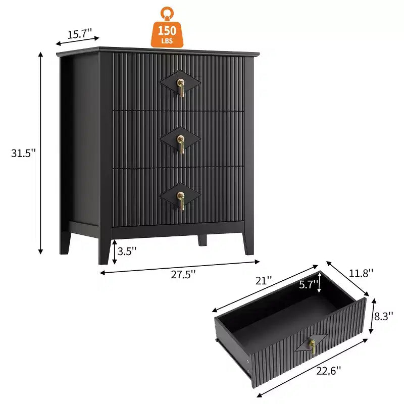 GustoWave Kommode für Schlafzimmer mit 3 Schubladen, 71 cm breite, moderne Schubladenkommode mit Metallgriffen, Schubladenorganizer aus Holz für Schlafzimmer, Wohnzimmer