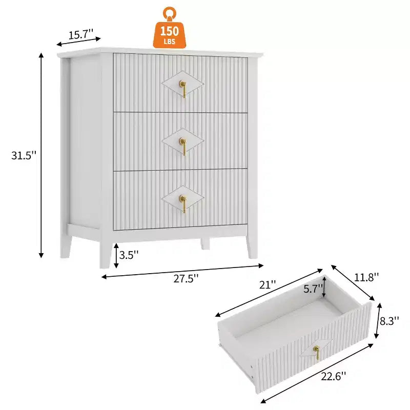 GustoWave Kommode für Schlafzimmer mit 3 Schubladen, 71 cm breite, moderne Schubladenkommode mit Metallgriffen, Schubladenorganizer aus Holz für Schlafzimmer, Wohnzimmer