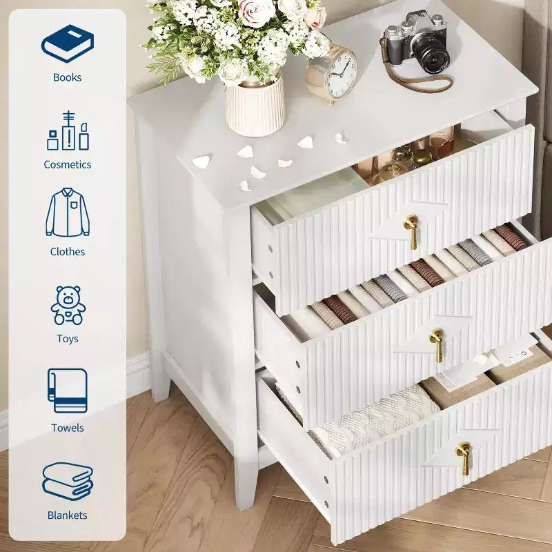 GustoWave Kommode für Schlafzimmer mit 3 Schubladen, 71 cm breite, moderne Schubladenkommode mit Metallgriffen, Schubladenorganizer aus Holz für Schlafzimmer, Wohnzimmer