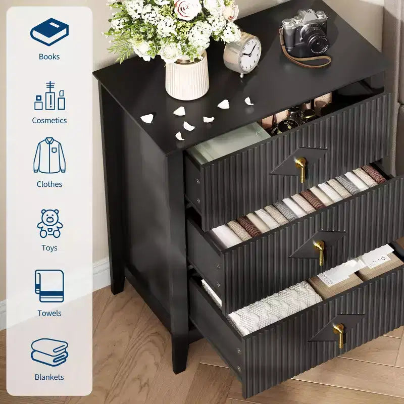 GustoWave Kommode für Schlafzimmer mit 3 Schubladen, 71 cm breite, moderne Schubladenkommode mit Metallgriffen, Schubladenorganizer aus Holz für Schlafzimmer, Wohnzimmer