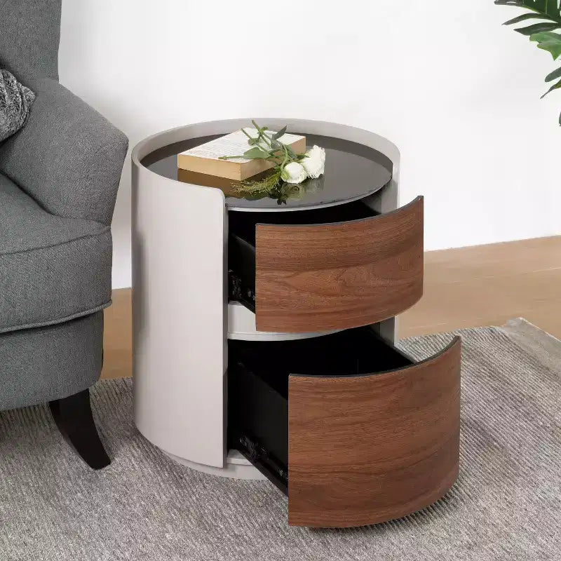 Okak Italian Vintage Side Table with Double Storage Shelves, End Table with Tempered Glass Top, Accent Table for Sofa Side, Living Room, Brown+Gray