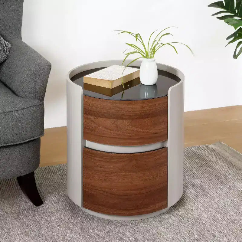 Okak Italienischer Vintage Beistelltisch mit doppelten Ablageflächen, Endtisch mit gehärteter Glasplatte, Akzenttisch für Sofaseite, Wohnzimmer, Braun+Grau