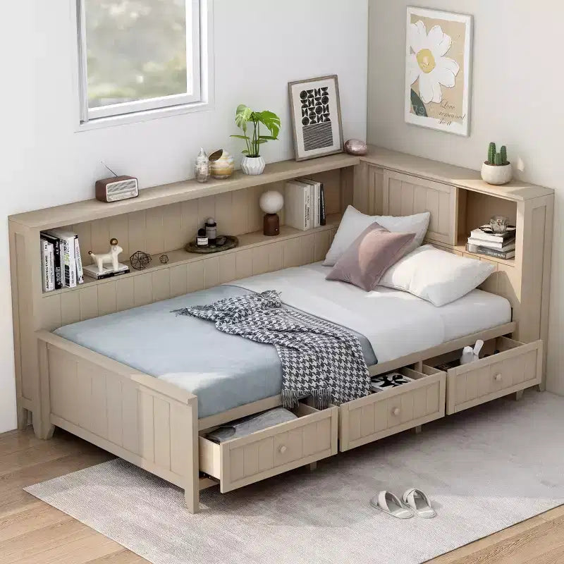 Wooden Storage DayBed, Platfrom BedFrame with Shelves and 3 Drawer & Sliding Doors, L Shape Corner Bed w/Storages, Antique White