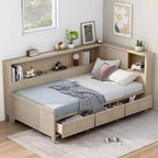 Wooden Storage DayBed, Platfrom BedFrame with Shelves and 3 Drawer & Sliding Doors, L Shape Corner Bed w/Storages, Antique White