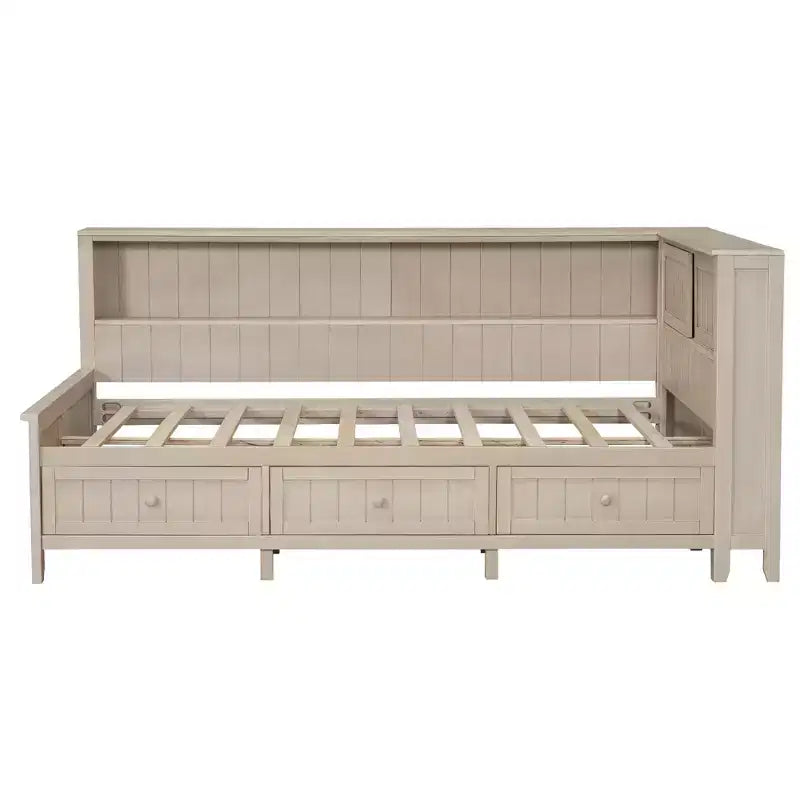 Tagesbett aus Holz mit Stauraum, Plattform-Bettrahmen mit Regalen und 3 Schubladen & Schiebetüren, L-förmiges Eckbett mit Stauraum, Antikweiß