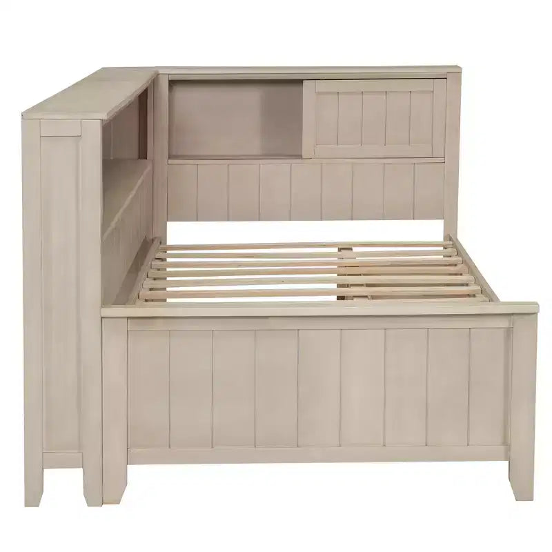 Tagesbett aus Holz mit Stauraum, Plattform-Bettrahmen mit Regalen und 3 Schubladen & Schiebetüren, L-förmiges Eckbett mit Stauraum, Antikweiß